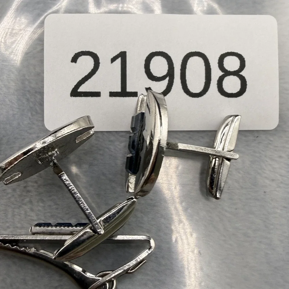 Vintage Cufflink‎ Tiebar Clip Set Silver Tone Blue Rhinestone